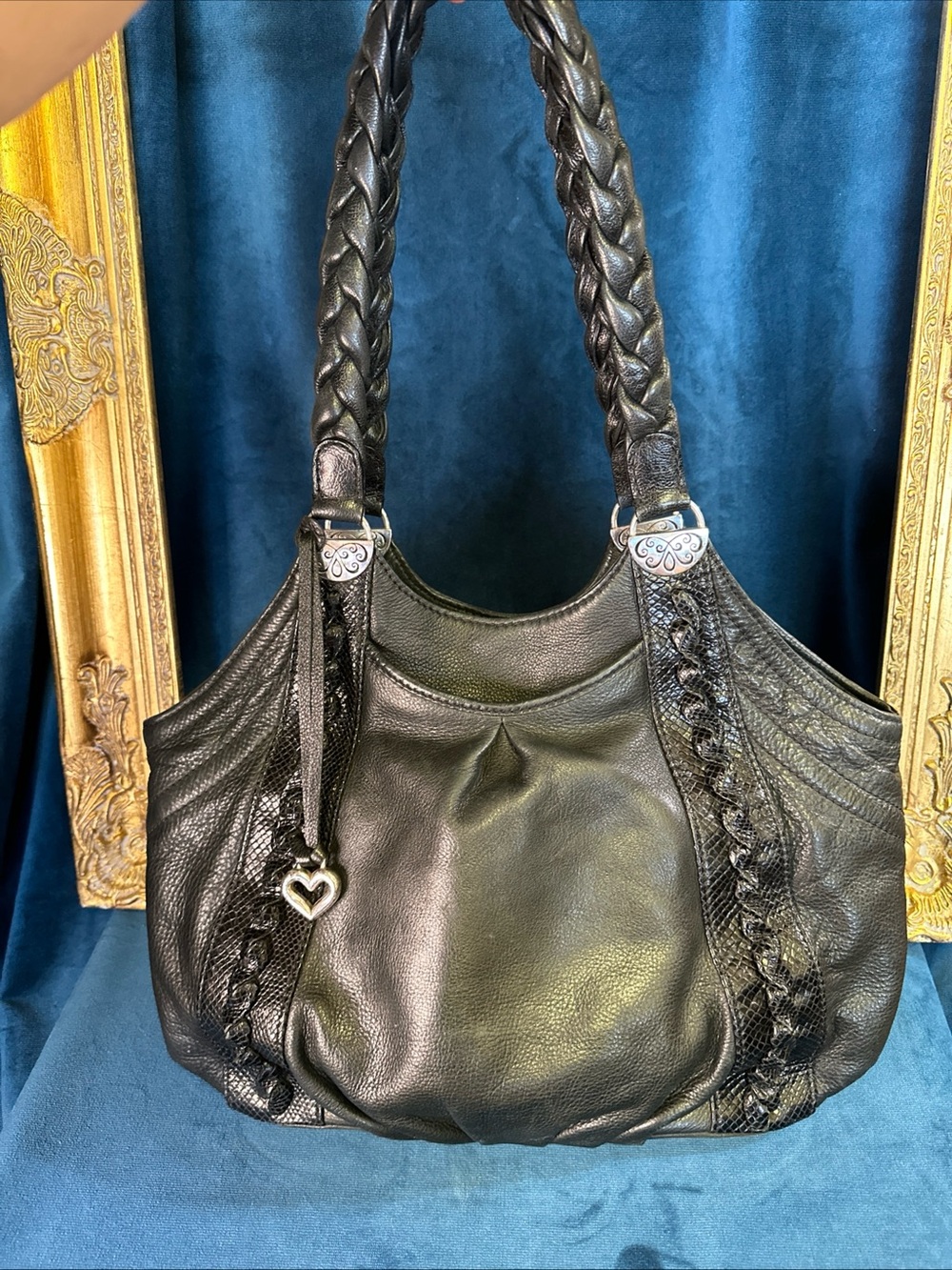Brighton Large Black Braided Pebbled Leather & Snakeskin Hobo Shoulder Bag